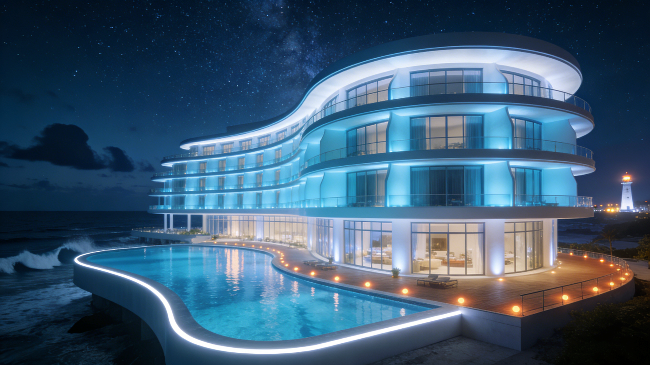 小凌狐照明酒店亮化工程效果图设计之户外温泉区静谧氛围